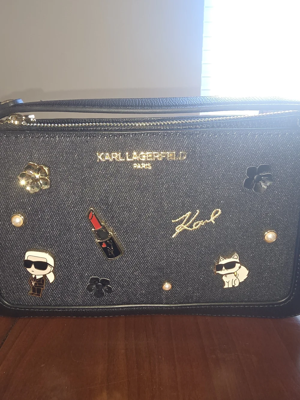 Karl Lagerfeld Denim Embellished Shoulder Bag with Gold Accents, New with Tags!